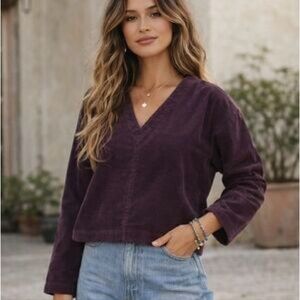 Madewell Waffle Knit Corduroy Top M Plum V Neck Minimalist Boxy Capsule Basics